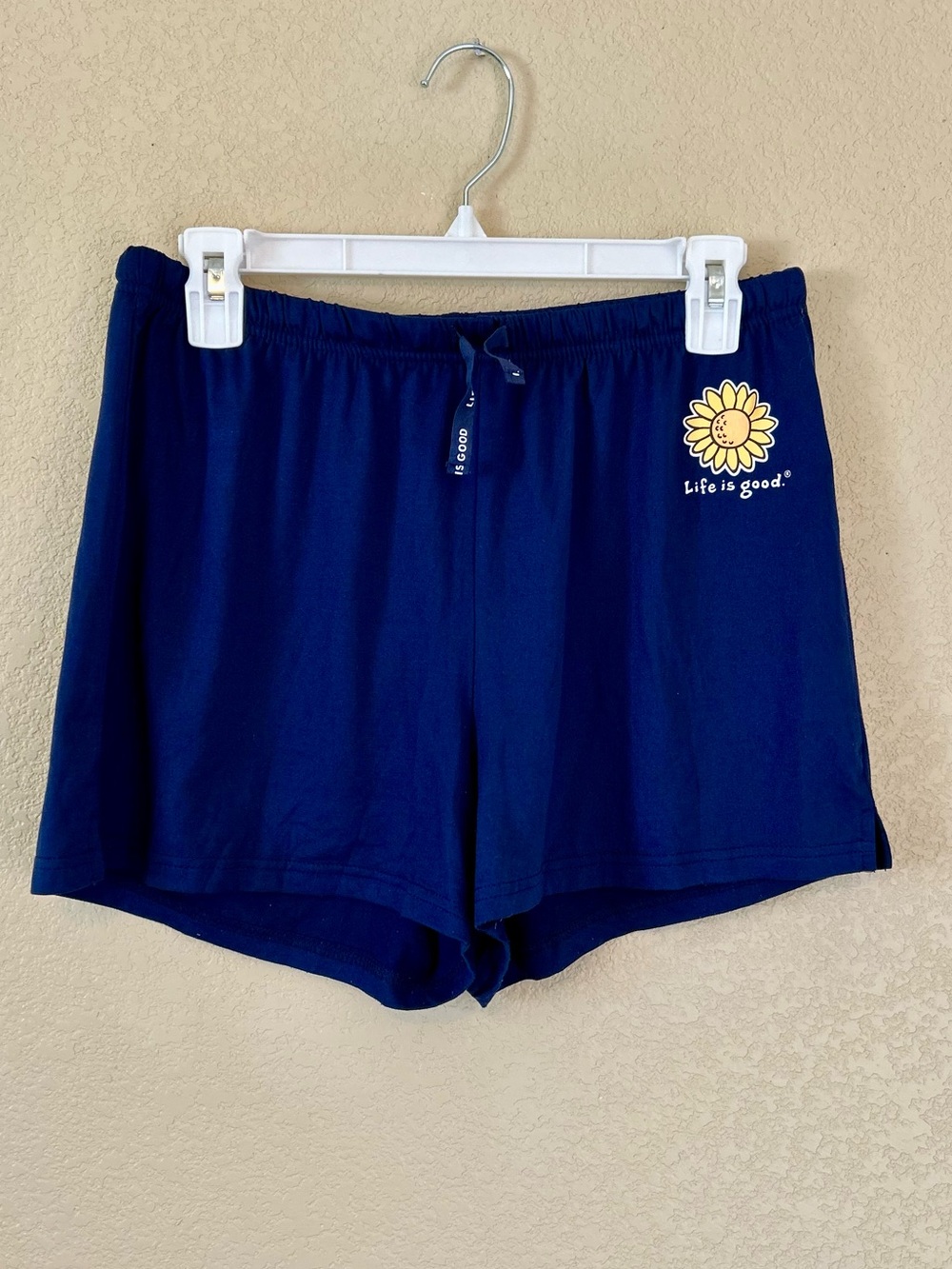 Life is Good Women's Navy Sunflower Drawstring Sleep Shorts Size S Lightweight